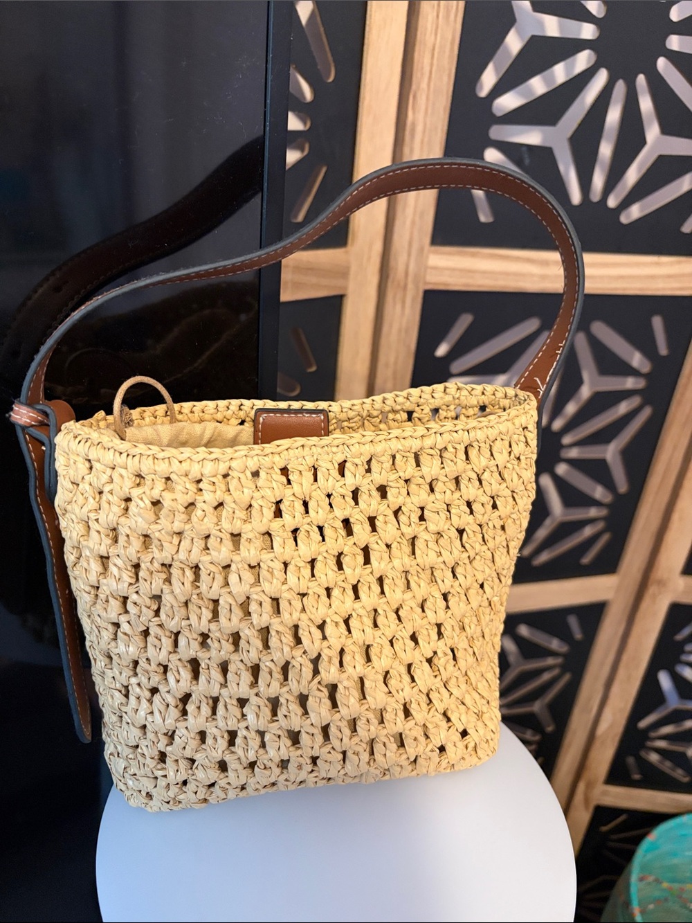 Woven Straw Bucket Bag with Brown Leather Strap - Neutral Yellow